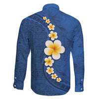 Polynesian Hibiscus and Plumeria with Tapa Pattern Family Matching Long Sleeve Bodycon Dress and Hawaiian Shirt Blue Color