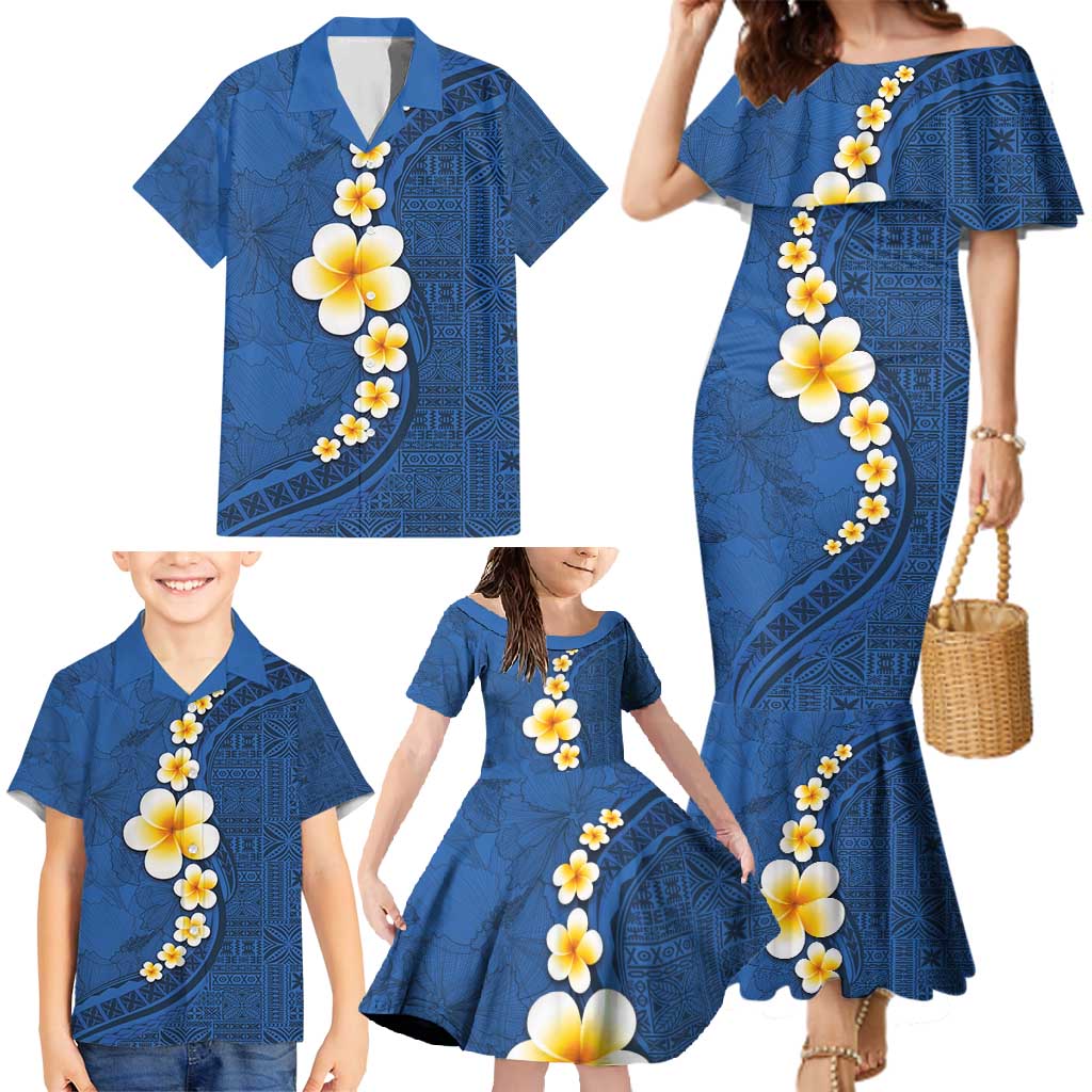 Polynesian Hibiscus and Plumeria with Tapa Pattern Family Matching Mermaid Dress and Hawaiian Shirt Blue Color