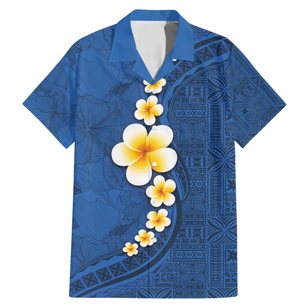 Polynesian Hibiscus and Plumeria with Tapa Pattern Family Matching Mermaid Dress and Hawaiian Shirt Blue Color