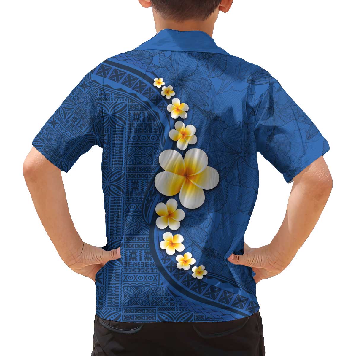 Polynesian Hibiscus and Plumeria with Tapa Pattern Family Matching Off The Shoulder Long Sleeve Dress and Hawaiian Shirt Blue Color