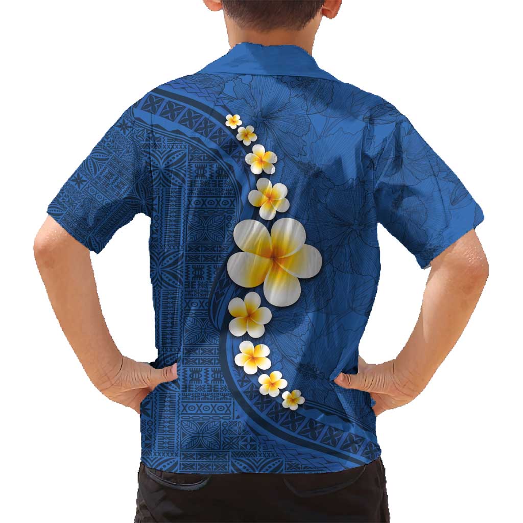 Polynesian Hibiscus and Plumeria with Tapa Pattern Family Matching Off Shoulder Maxi Dress and Hawaiian Shirt Blue Color