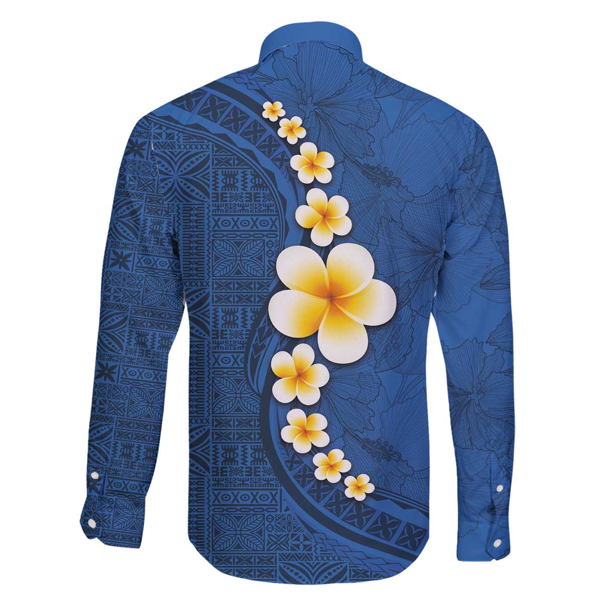 Polynesian Hibiscus and Plumeria with Tapa Pattern Family Matching Puletasi and Hawaiian Shirt Blue Color