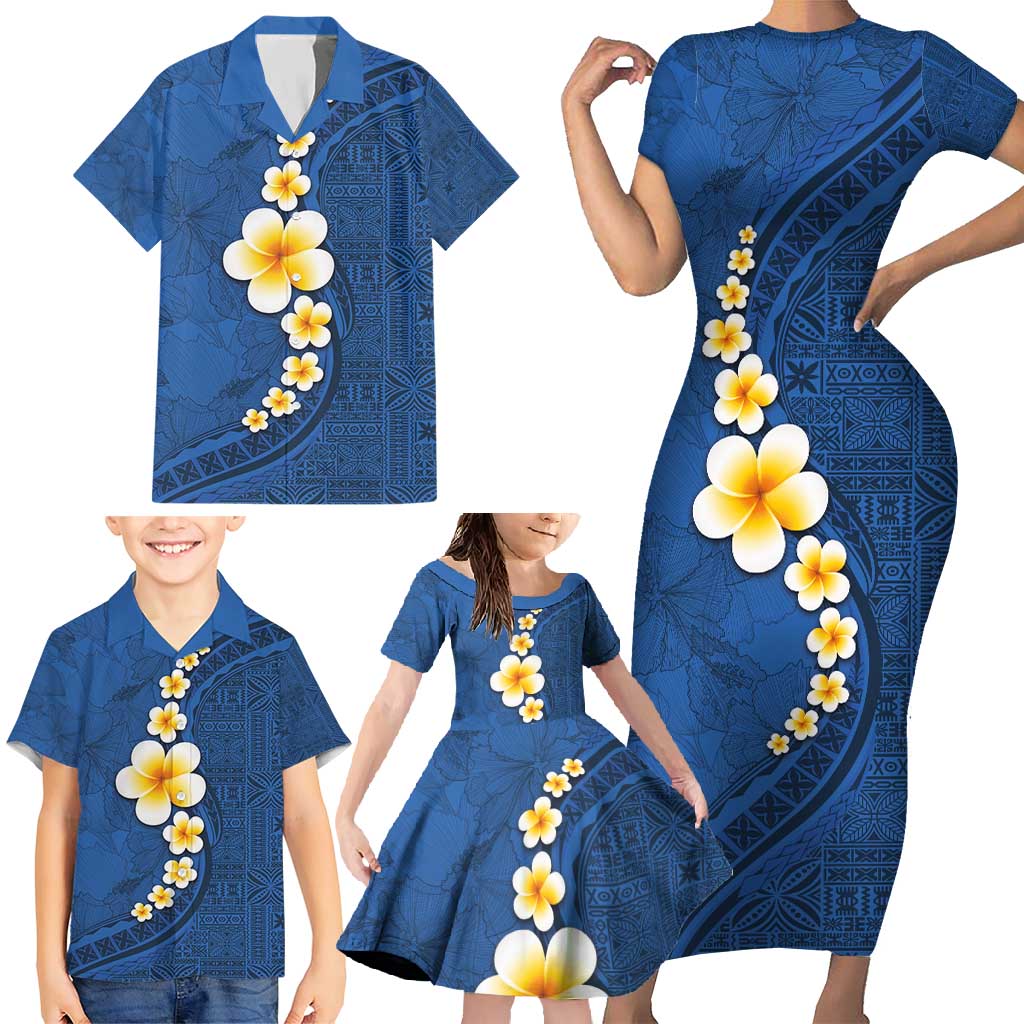 Polynesian Hibiscus and Plumeria with Tapa Pattern Family Matching Short Sleeve Bodycon Dress and Hawaiian Shirt Blue Color