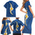 Polynesian Hibiscus and Plumeria with Tapa Pattern Family Matching Short Sleeve Bodycon Dress and Hawaiian Shirt Blue Color