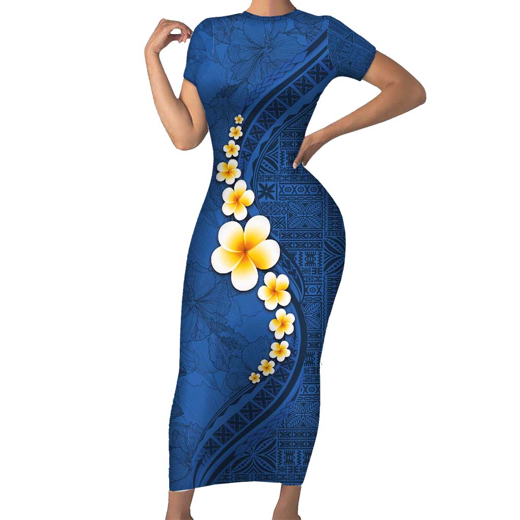 Polynesian Hibiscus and Plumeria with Tapa Pattern Family Matching Short Sleeve Bodycon Dress and Hawaiian Shirt Blue Color