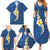 Polynesian Hibiscus and Plumeria with Tapa Pattern Family Matching Summer Maxi Dress and Hawaiian Shirt Blue Color