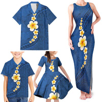 Polynesian Hibiscus and Plumeria with Tapa Pattern Family Matching Tank Maxi Dress and Hawaiian Shirt Blue Color