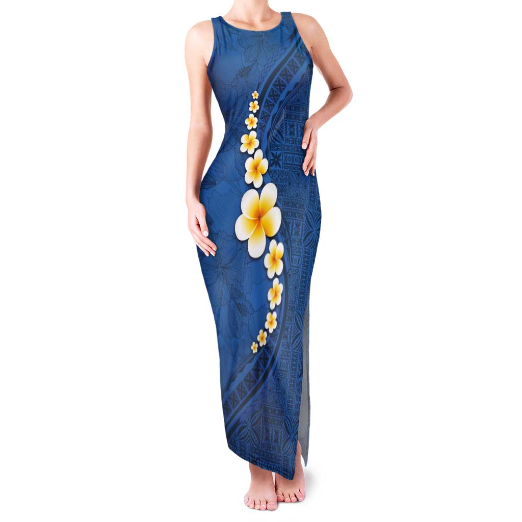 Polynesian Hibiscus and Plumeria with Tapa Pattern Family Matching Tank Maxi Dress and Hawaiian Shirt Blue Color
