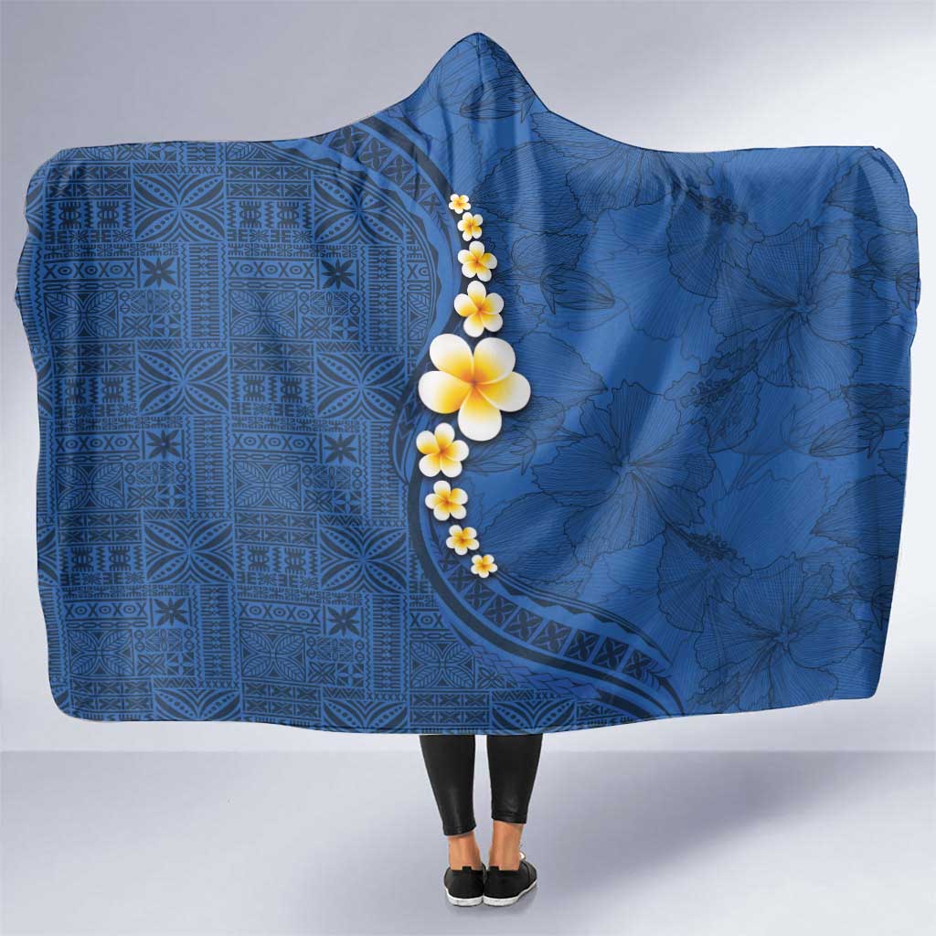 Polynesian Hibiscus and Plumeria with Tapa Pattern Hooded Blanket Blue Color LT03 One Size Blue - Polynesian Pride