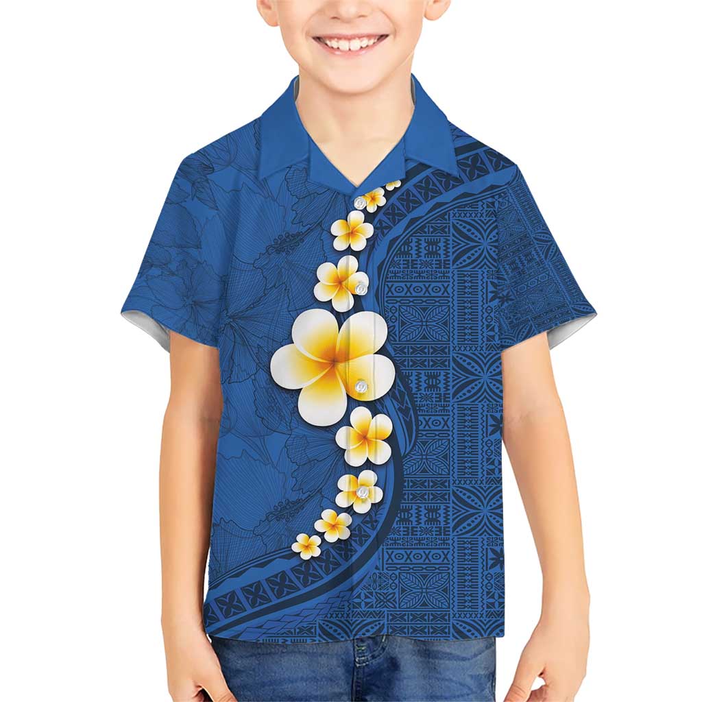 Polynesian Hibiscus and Plumeria with Tapa Pattern Kid Hawaiian Shirt Blue Color