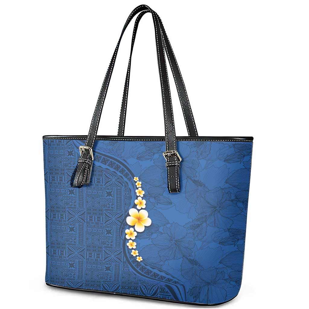 Polynesian Hibiscus and Plumeria with Tapa Pattern Leather Tote Bag Blue Color LT03 - Polynesian Pride
