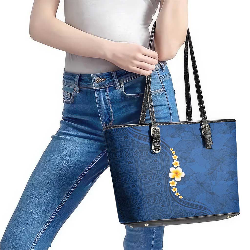 Polynesian Hibiscus and Plumeria with Tapa Pattern Leather Tote Bag Blue Color LT03 - Polynesian Pride