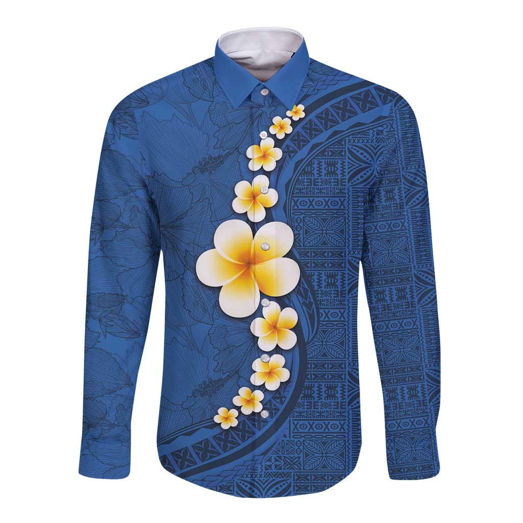 Polynesian Hibiscus and Plumeria with Tapa Pattern Long Sleeve Button Shirt Blue Color