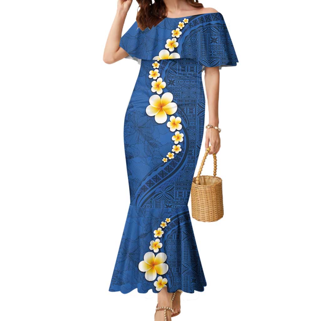 Polynesian Hibiscus and Plumeria with Tapa Pattern Mermaid Dress Blue Color