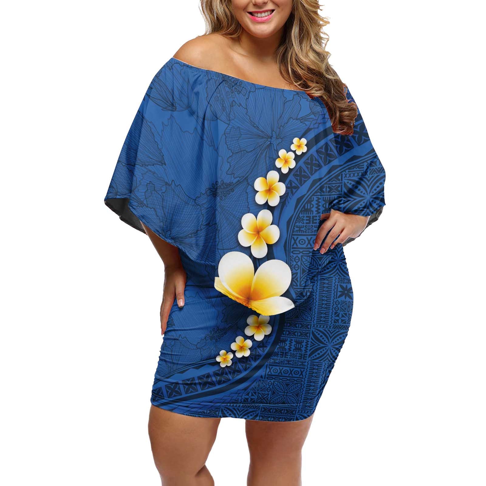 Polynesian Hibiscus and Plumeria with Tapa Pattern Off Shoulder Short Dress Blue Color LT03 Women Blue - Polynesian Pride