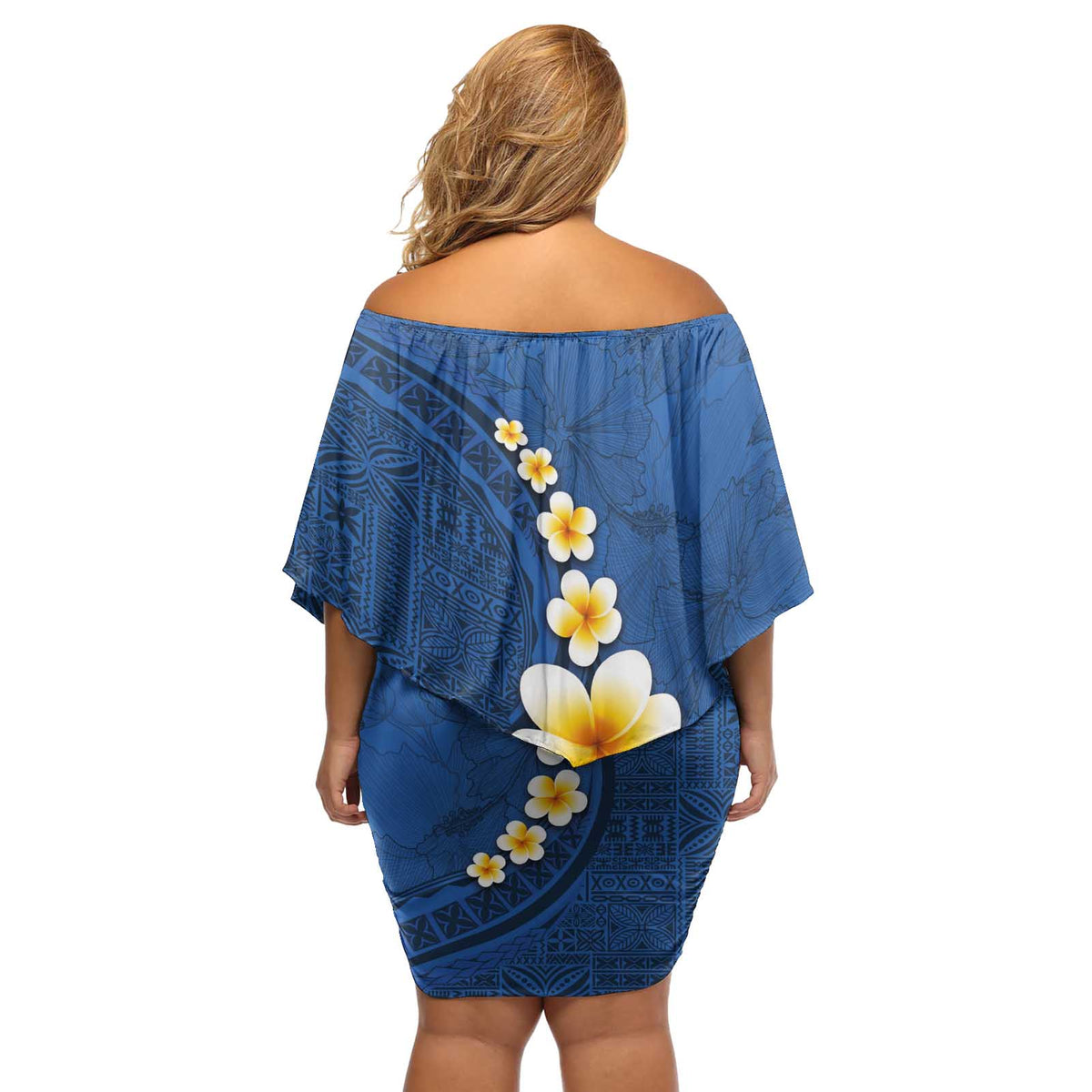 Polynesian Hibiscus and Plumeria with Tapa Pattern Off Shoulder Short Dress Blue Color LT03 - Polynesian Pride