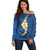 Polynesian Hibiscus and Plumeria with Tapa Pattern Off Shoulder Sweater Blue Color