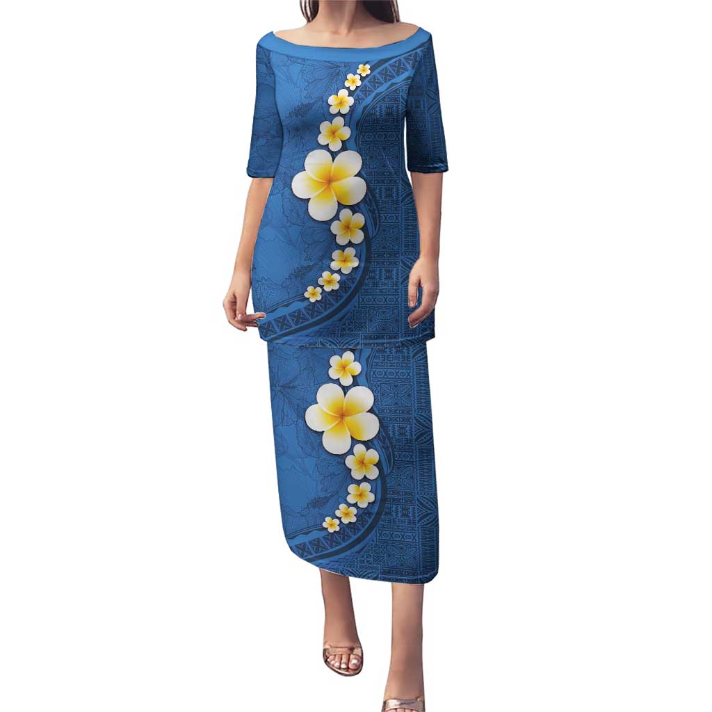Polynesian Hibiscus and Plumeria with Tapa Pattern Puletasi Blue Color LT03 Long Dress Blue - Polynesian Pride