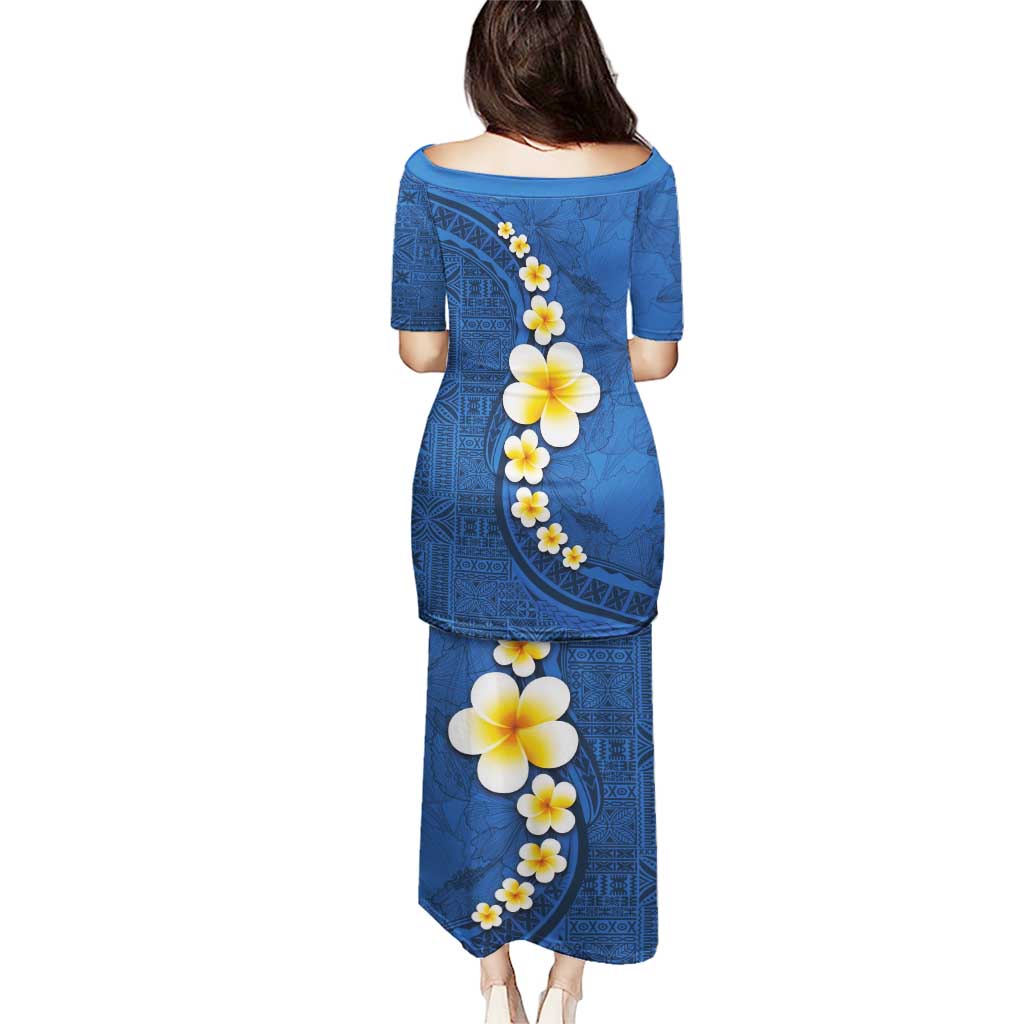 Polynesian Hibiscus and Plumeria with Tapa Pattern Puletasi Blue Color LT03 - Polynesian Pride