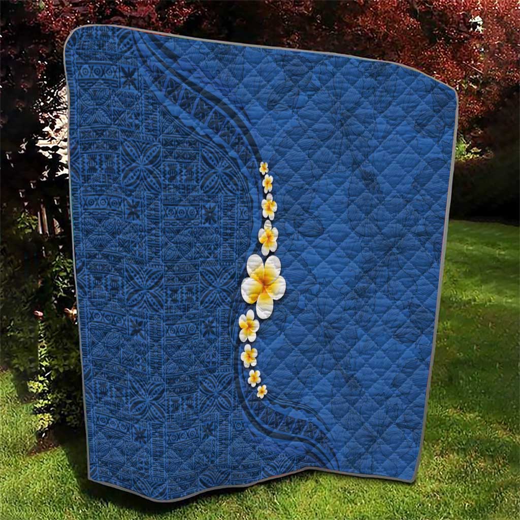 Polynesian Hibiscus and Plumeria with Tapa Pattern Quilt Blue Color