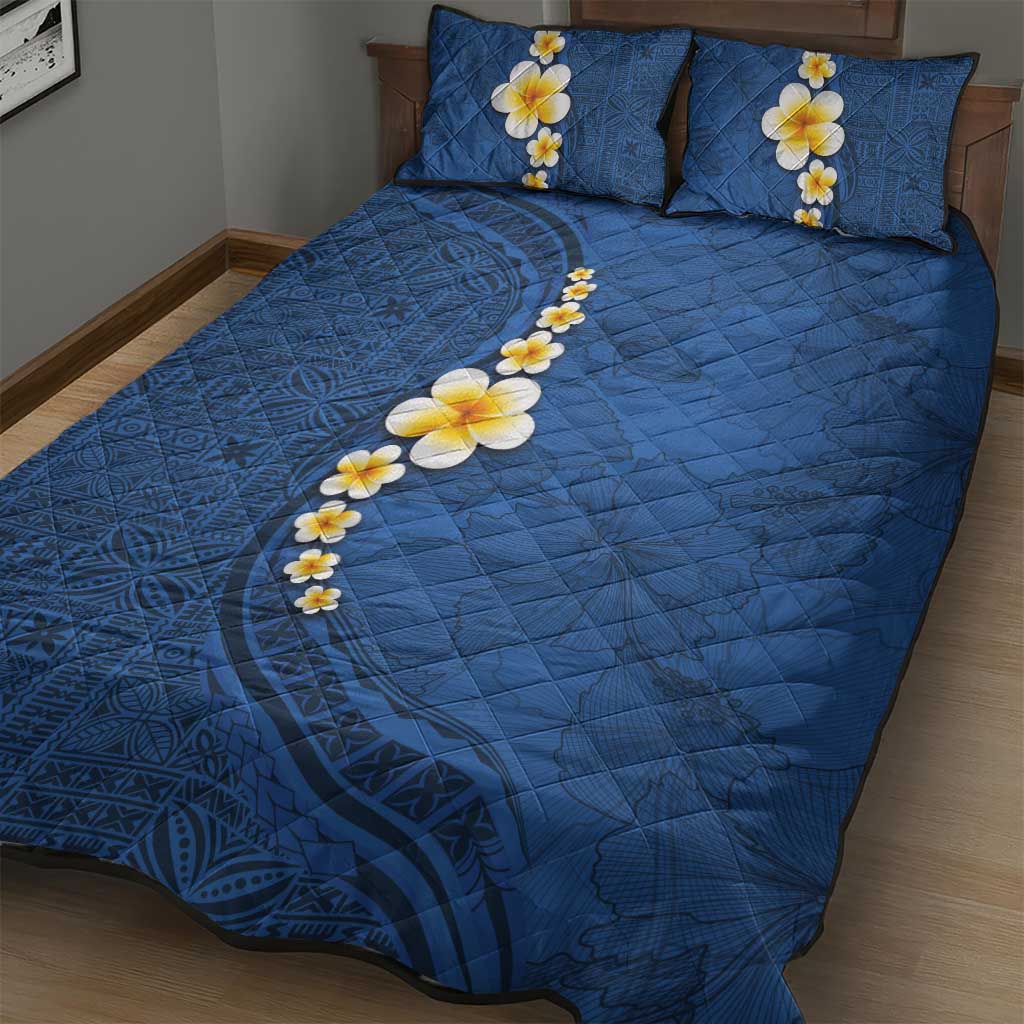 Polynesian Hibiscus and Plumeria with Tapa Pattern Quilt Bed Set Blue Color LT03 - Polynesian Pride