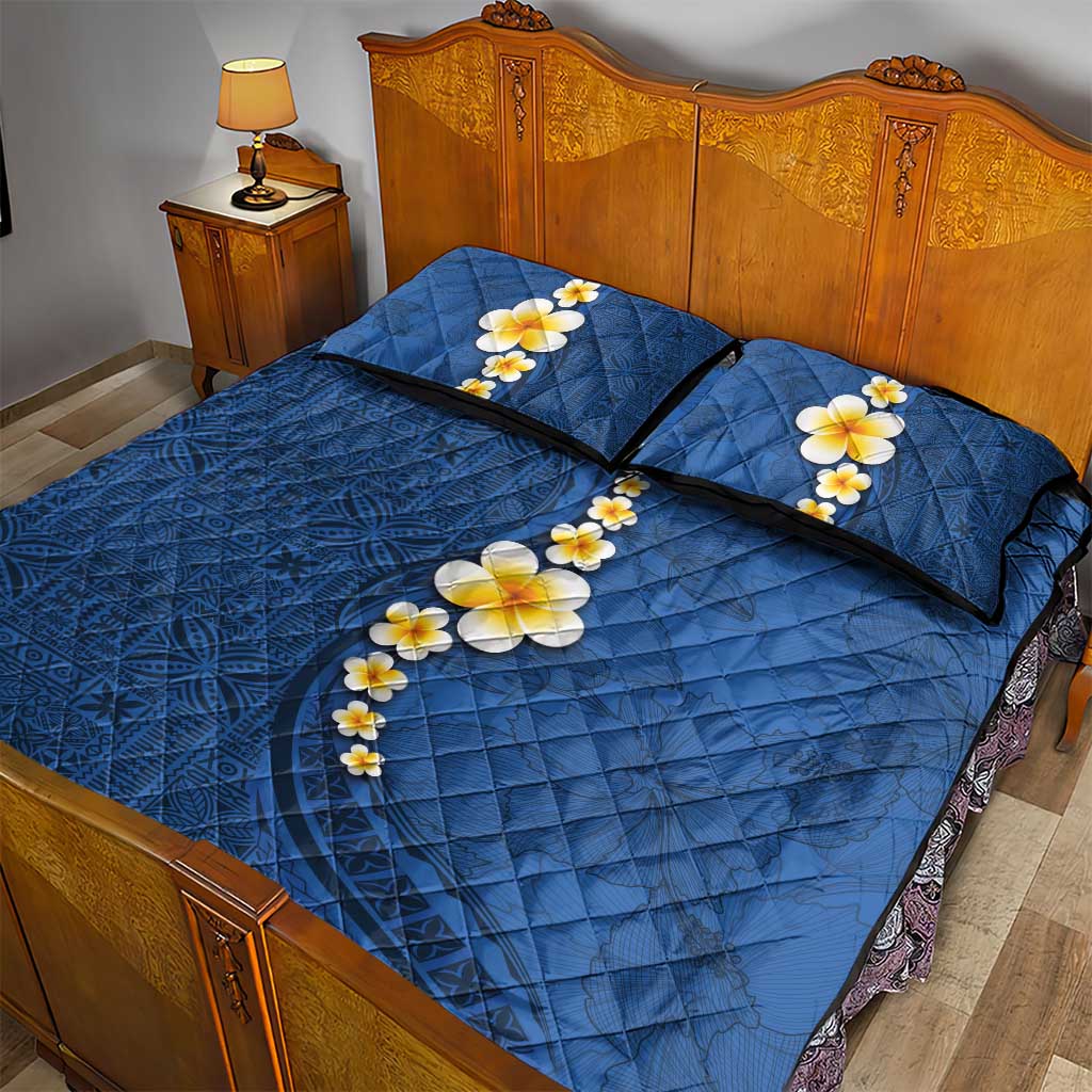Polynesian Hibiscus and Plumeria with Tapa Pattern Quilt Bed Set Blue Color LT03 - Polynesian Pride