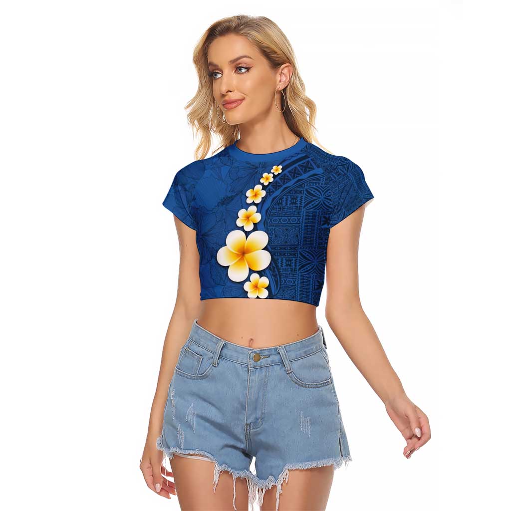 Polynesian Hibiscus and Plumeria with Tapa Pattern Raglan Cropped T Shirt Blue Color