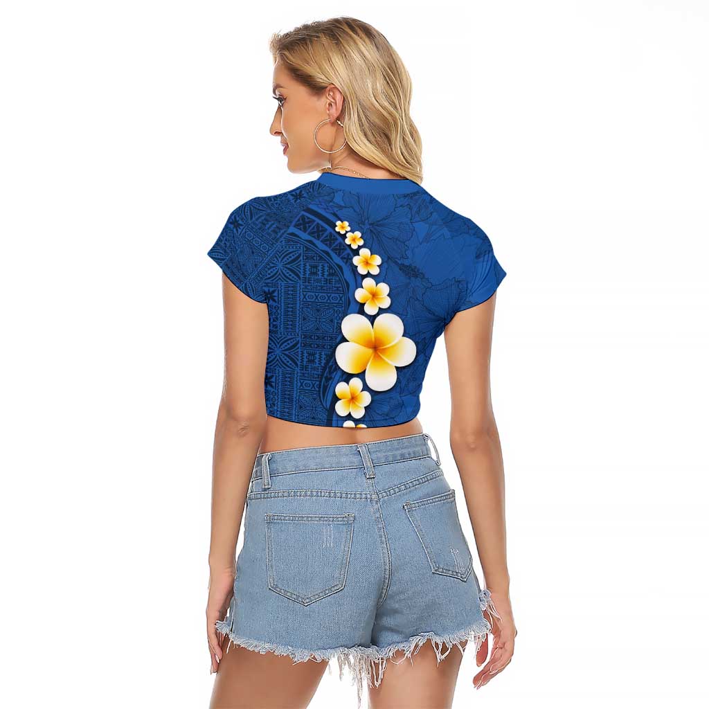 Polynesian Hibiscus and Plumeria with Tapa Pattern Raglan Cropped T Shirt Blue Color