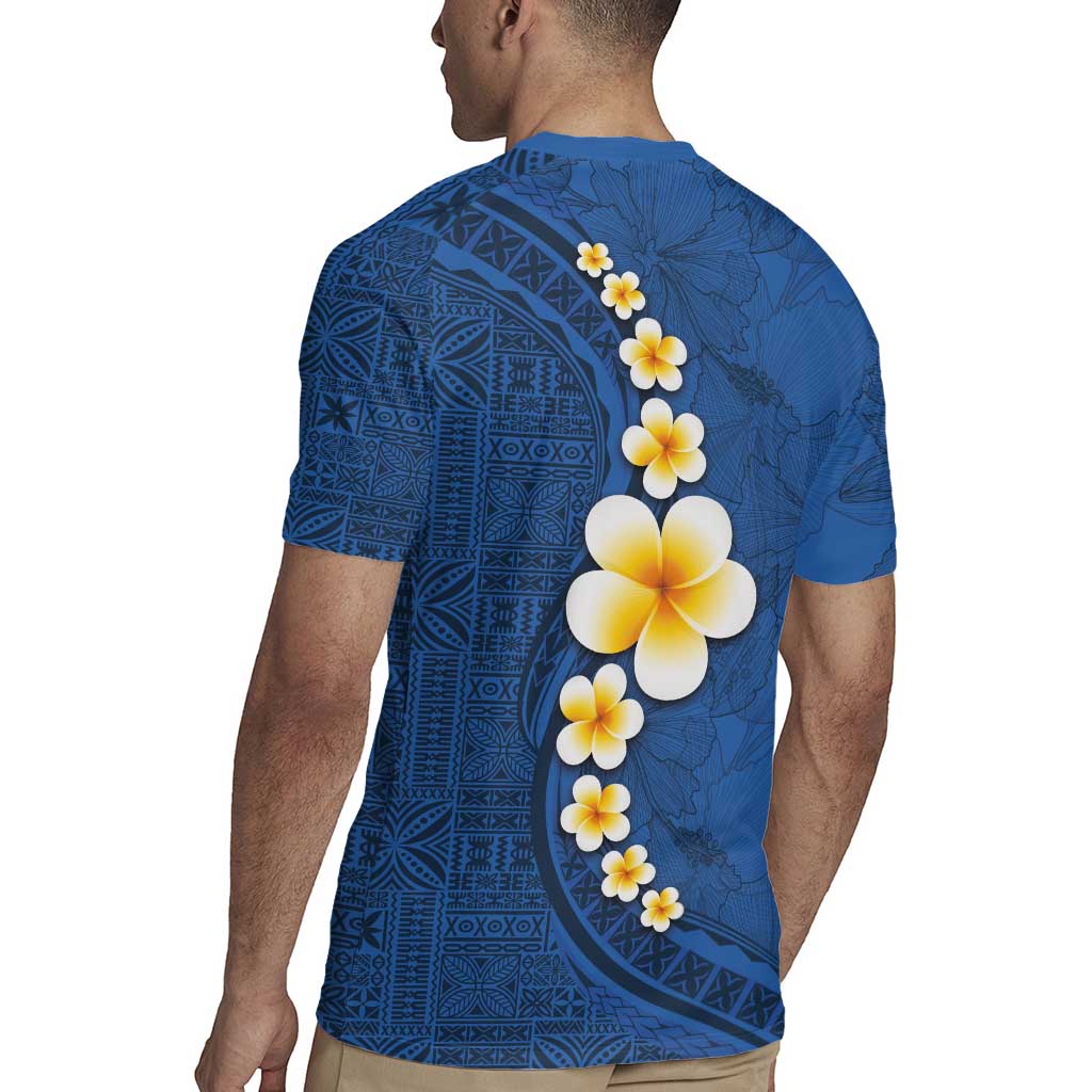 Polynesian Hibiscus and Plumeria with Tapa Pattern Rugby Jersey Blue Color