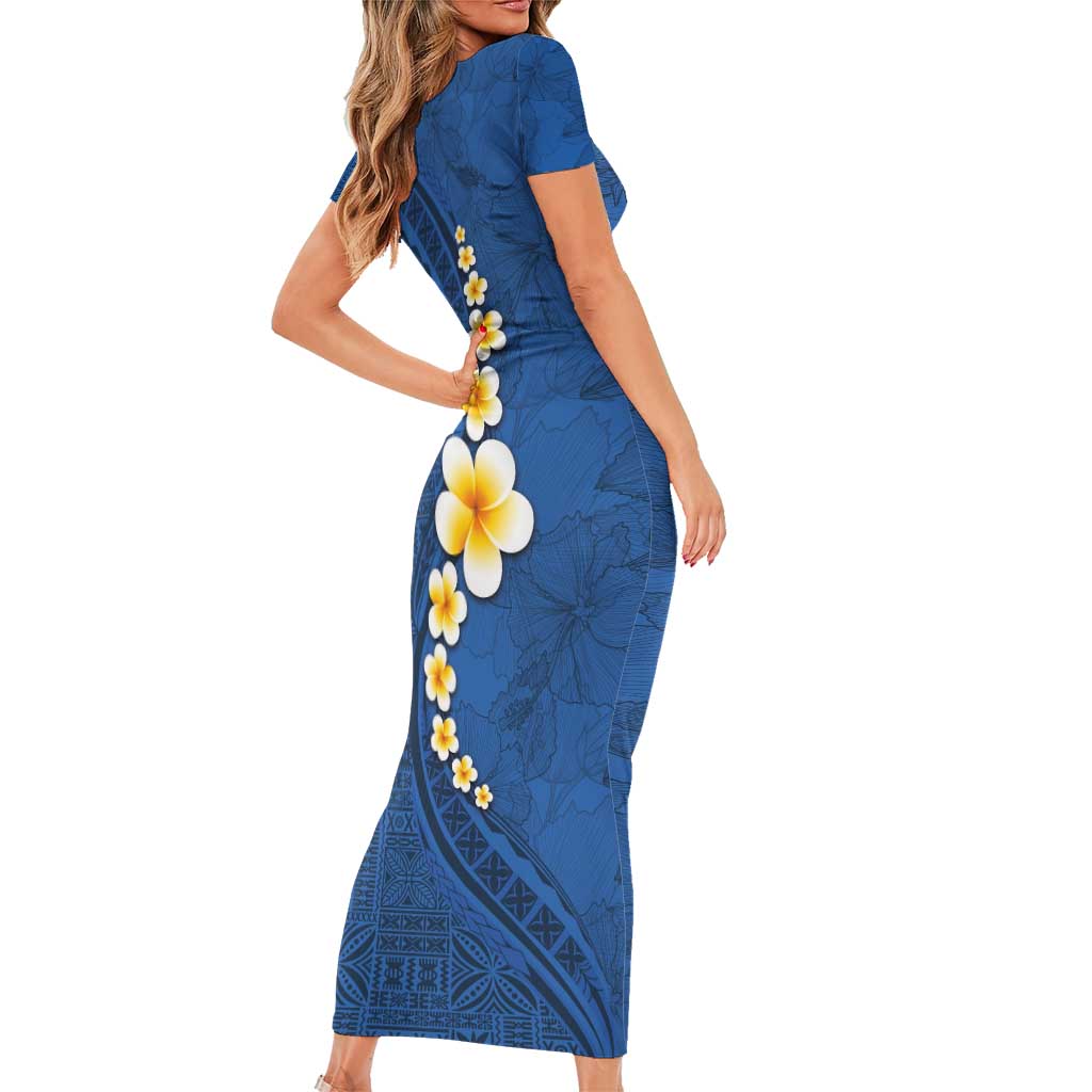 Polynesian Hibiscus and Plumeria with Tapa Pattern Short Sleeve Bodycon Dress Blue Color