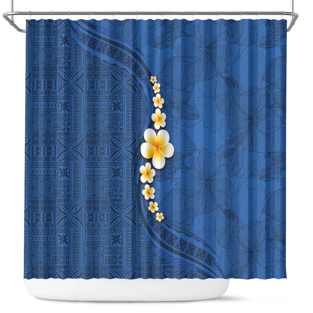 Polynesian Hibiscus and Plumeria with Tapa Pattern Shower Curtain Blue Color