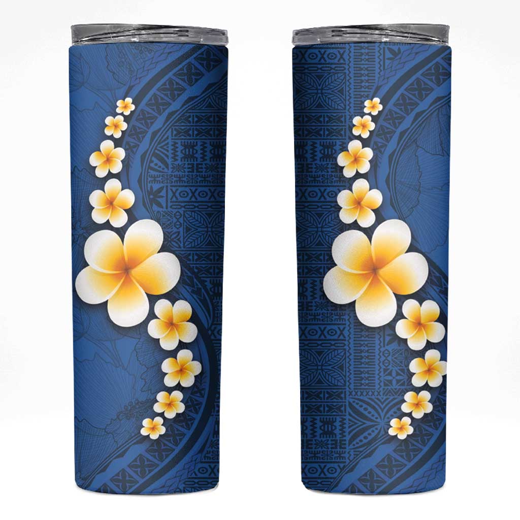 Polynesian Hibiscus and Plumeria with Tapa Pattern Skinny Tumbler Blue Color