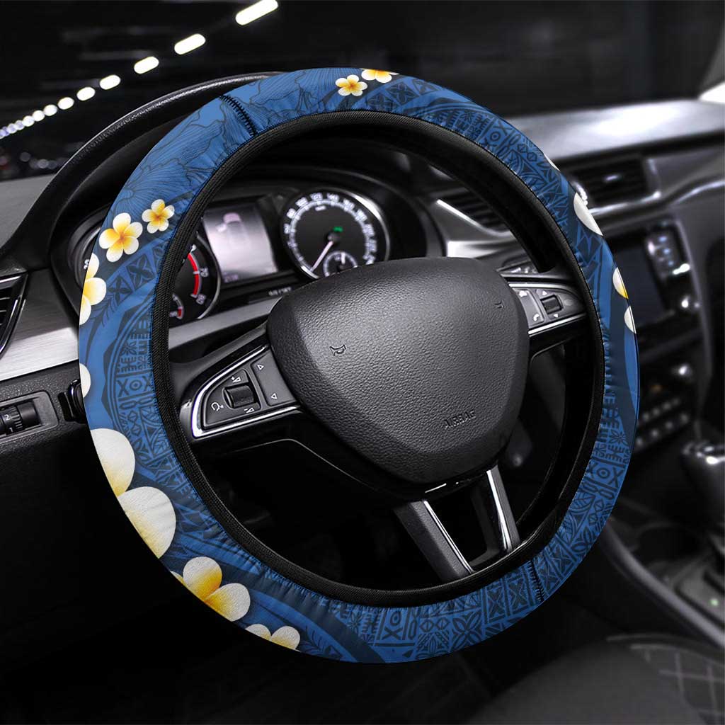 Polynesian Hibiscus and Plumeria with Tapa Pattern Steering Wheel Cover Blue Color LT03 Universal Fit Blue - Polynesian Pride