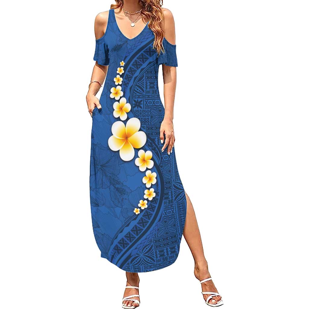 Polynesian Hibiscus and Plumeria with Tapa Pattern Summer Maxi Dress Blue Color LT03 Women Blue - Polynesian Pride