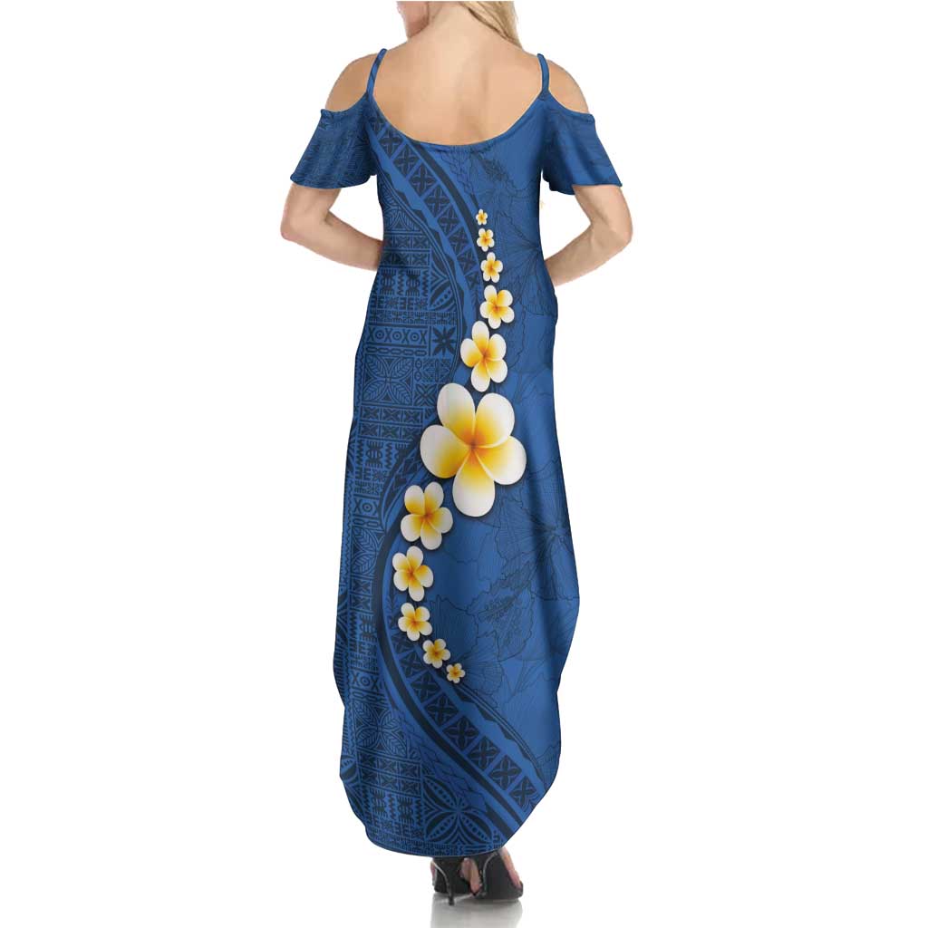 Polynesian Hibiscus and Plumeria with Tapa Pattern Summer Maxi Dress Blue Color LT03 - Polynesian Pride