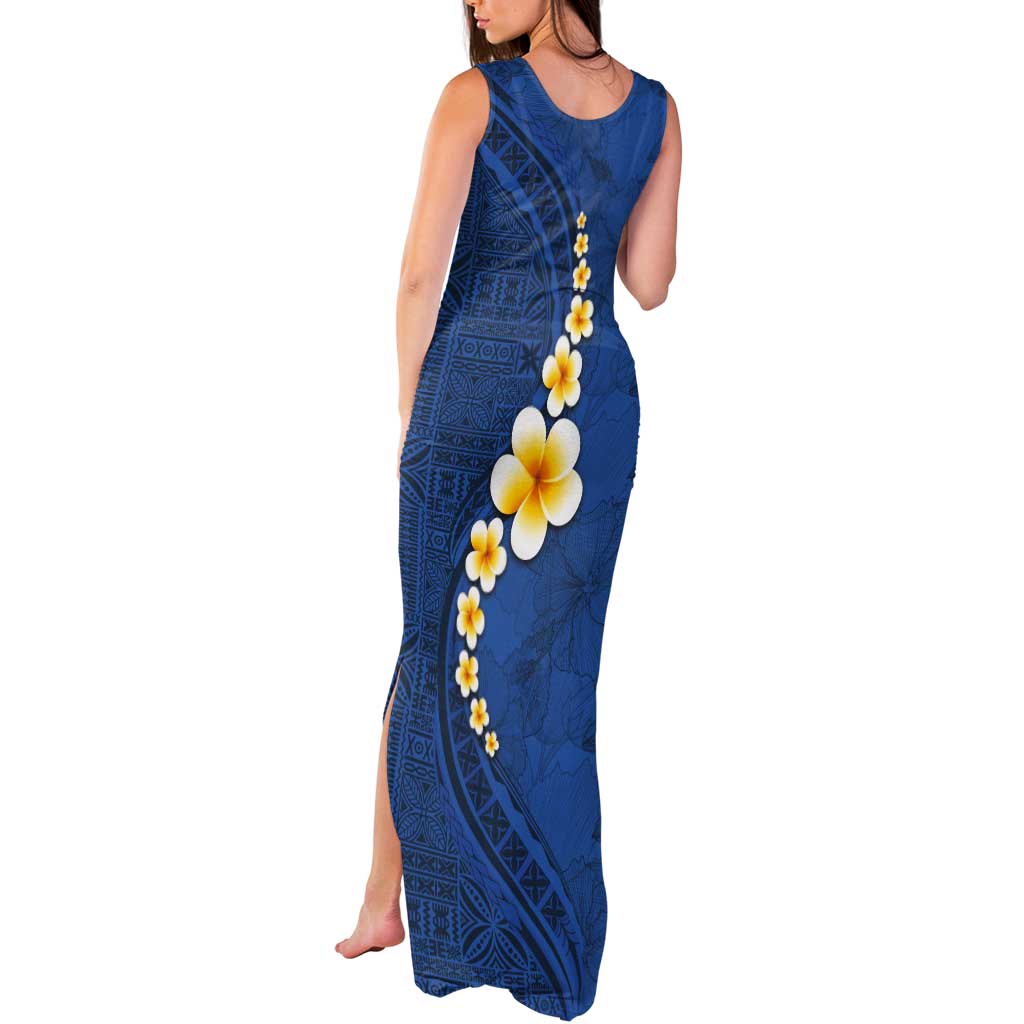 Polynesian Hibiscus and Plumeria with Tapa Pattern Tank Maxi Dress Blue Color LT03 - Polynesian Pride