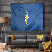 Polynesian Hibiscus and Plumeria with Tapa Pattern Tapestry Blue Color