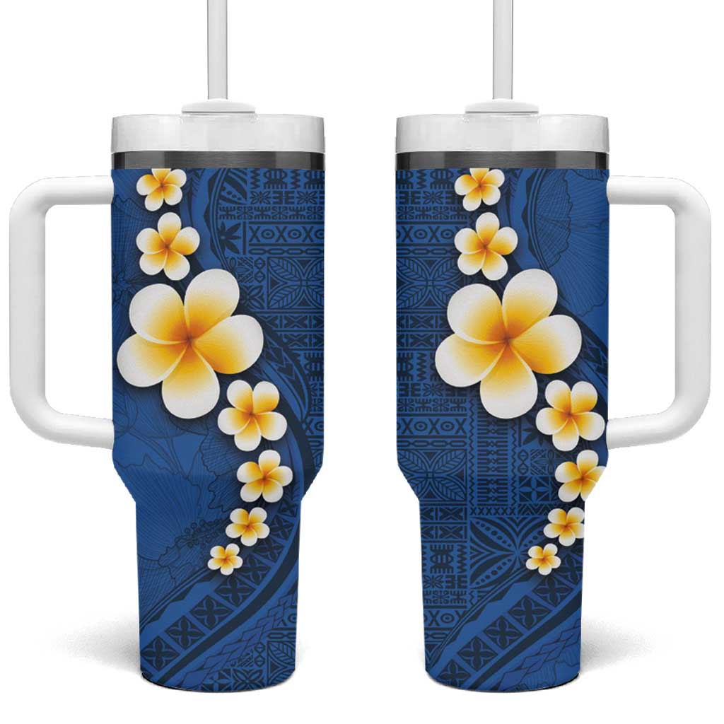 Polynesian Hibiscus and Plumeria with Tapa Pattern Tumbler With Handle Blue Color