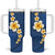 Polynesian Hibiscus and Plumeria with Tapa Pattern Tumbler With Handle Blue Color