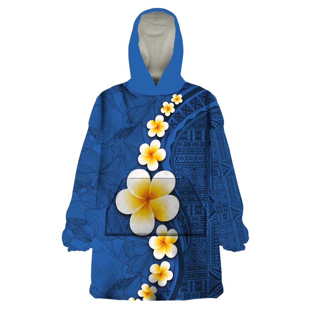 Polynesian Hibiscus and Plumeria with Tapa Pattern Wearable Blanket Hoodie Blue Color