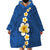 Polynesian Hibiscus and Plumeria with Tapa Pattern Wearable Blanket Hoodie Blue Color