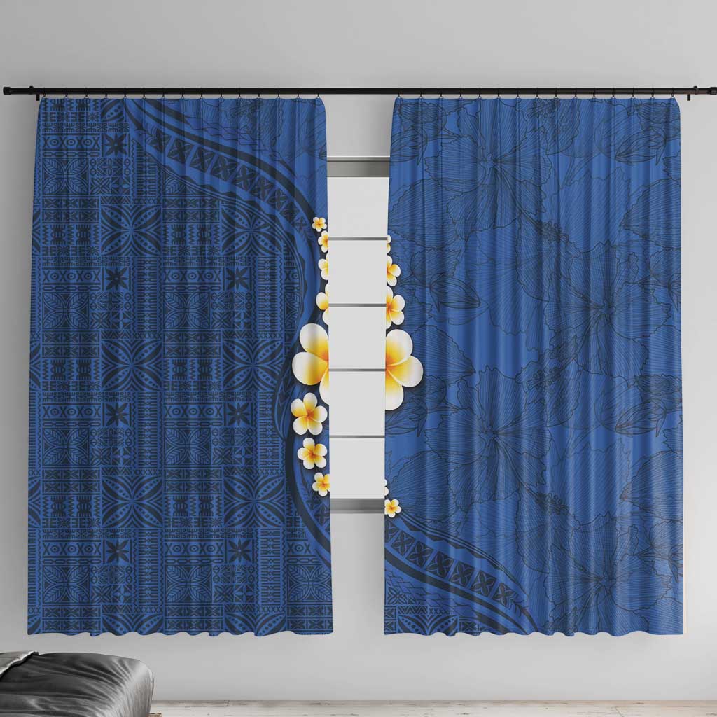 Polynesian Hibiscus and Plumeria with Tapa Pattern Window Curtain Blue Color