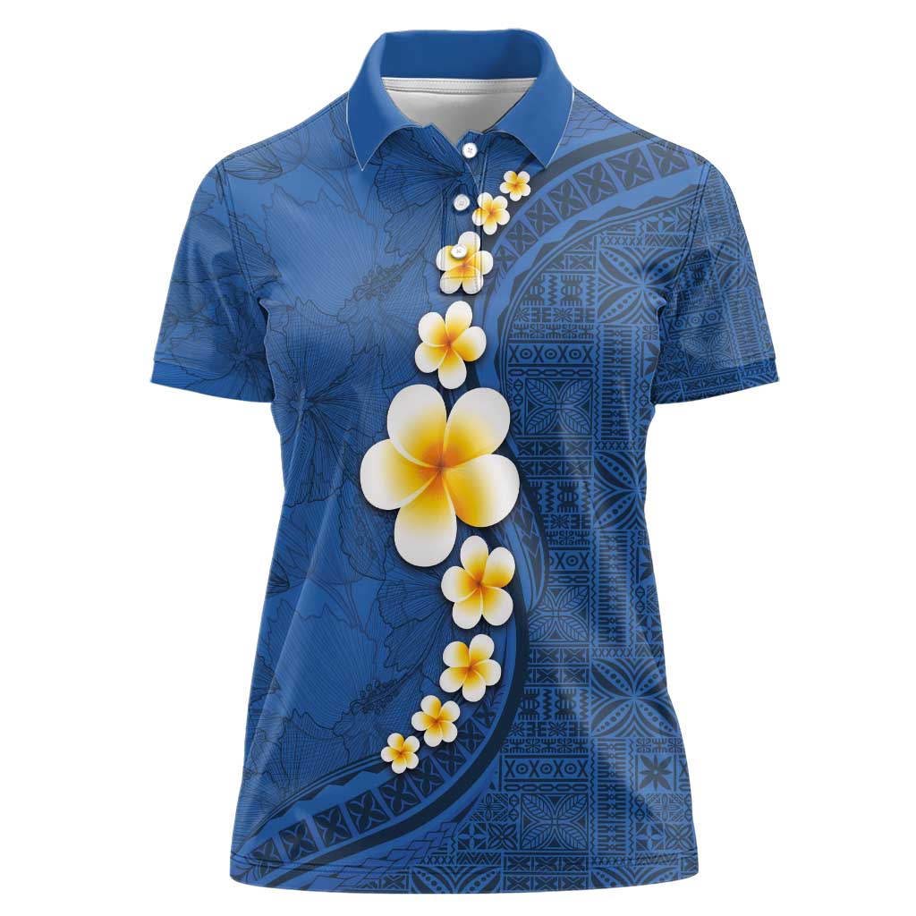 Polynesian Hibiscus and Plumeria with Tapa Pattern Women Polo Shirt Blue Color