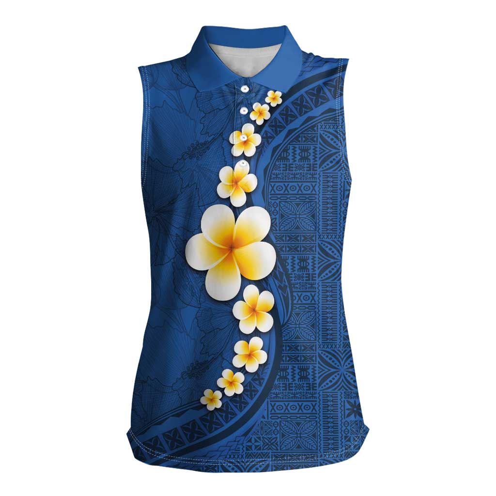 Polynesian Hibiscus and Plumeria with Tapa Pattern Women Sleeveless Polo Shirt Blue Color