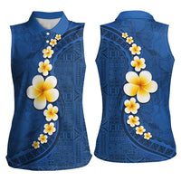 Polynesian Hibiscus and Plumeria with Tapa Pattern Women Sleeveless Polo Shirt Blue Color