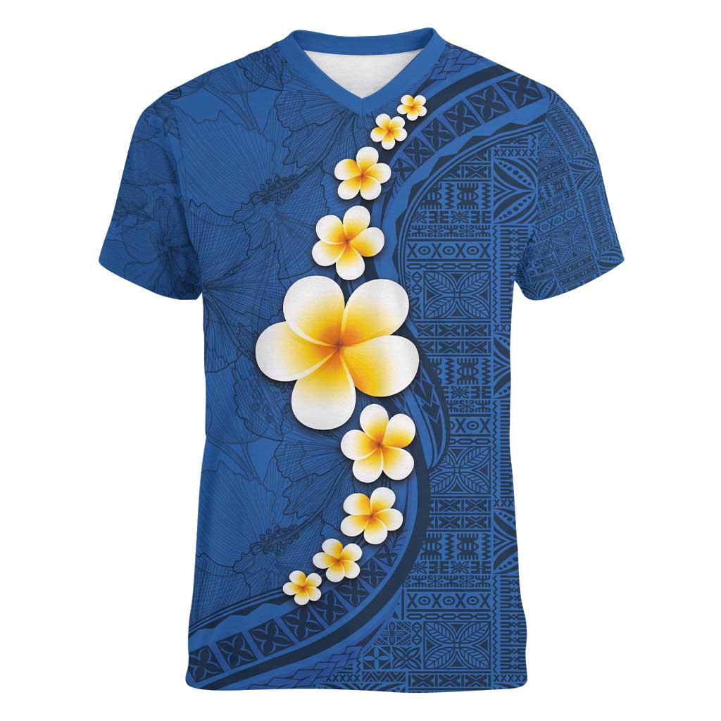 Polynesian Hibiscus and Plumeria with Tapa Pattern Women V-Neck T-Shirt Blue Color