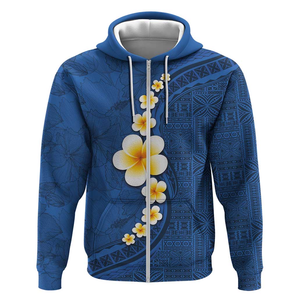 Polynesian Hibiscus and Plumeria with Tapa Pattern Zip Hoodie Blue Color