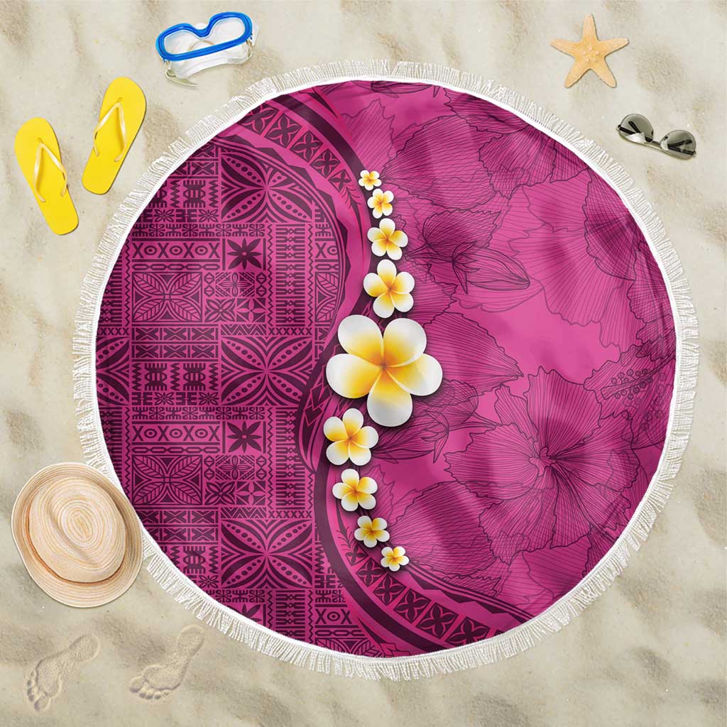 Polynesian Hibiscus and Plumeria with Tapa Pattern Beach Blanket Pink Color