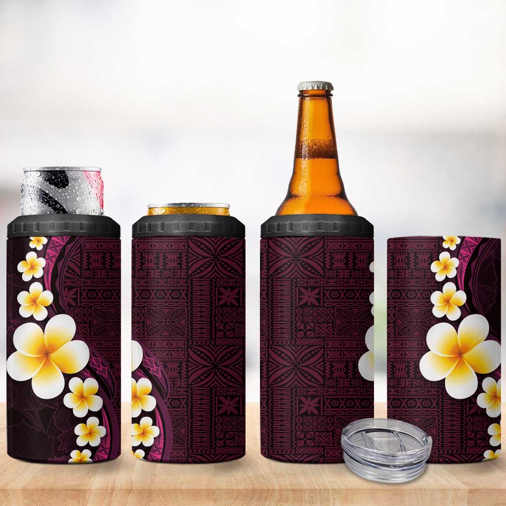 Polynesian Hibiscus and Plumeria with Tapa Pattern 4 in 1 Can Cooler Tumbler Pink Color