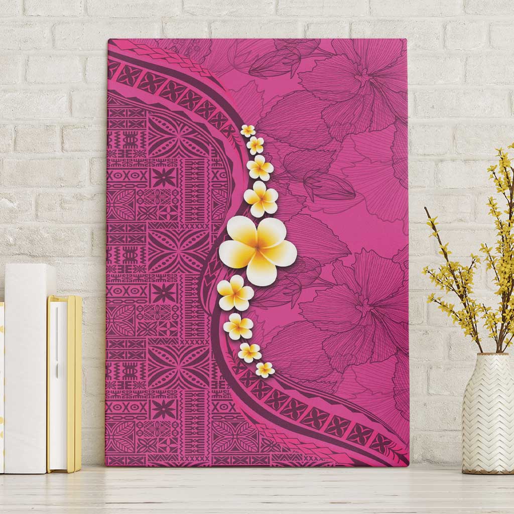 Polynesian Hibiscus and Plumeria with Tapa Pattern Canvas Wall Art Pink Color